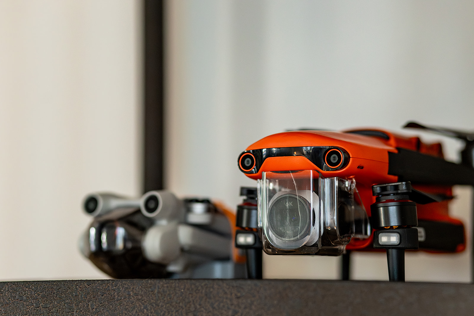 Close up shot of drones on shelf display. 